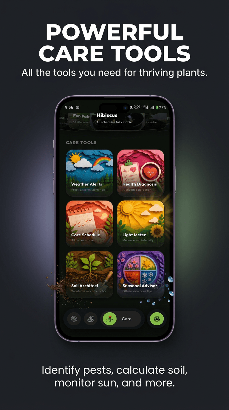 Belvoir plant care toolkit with weather, health checks, light meter and care features